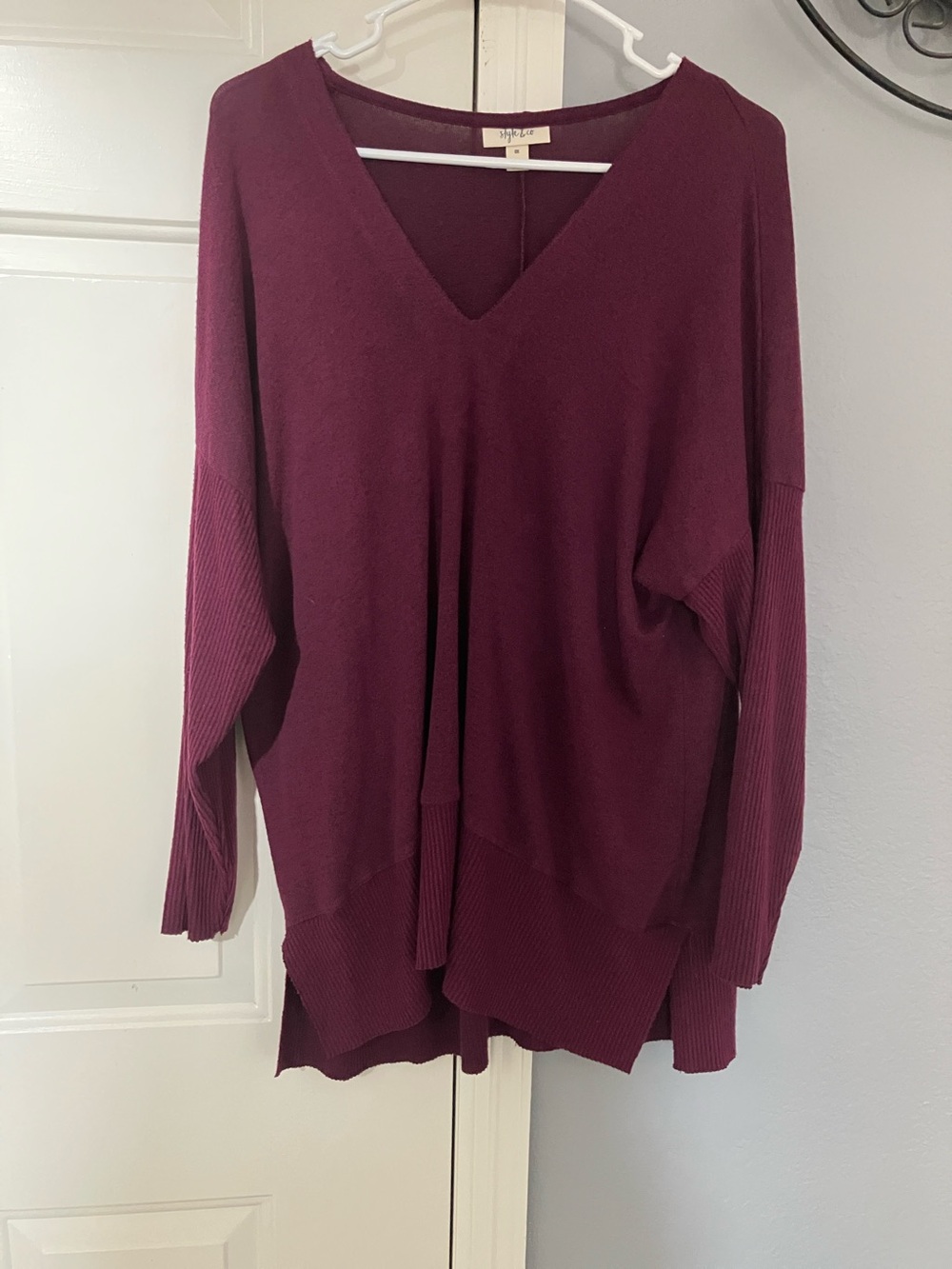 Style & Co. V-Neck Oversized Sweater in Plum